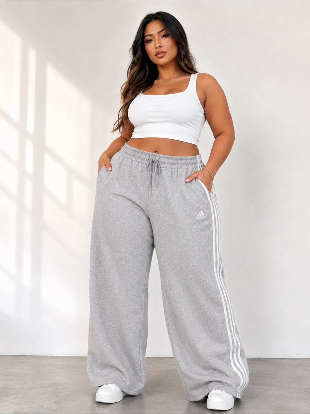 adidas Light Gray Wide-Leg Track Pants with Side Stripes